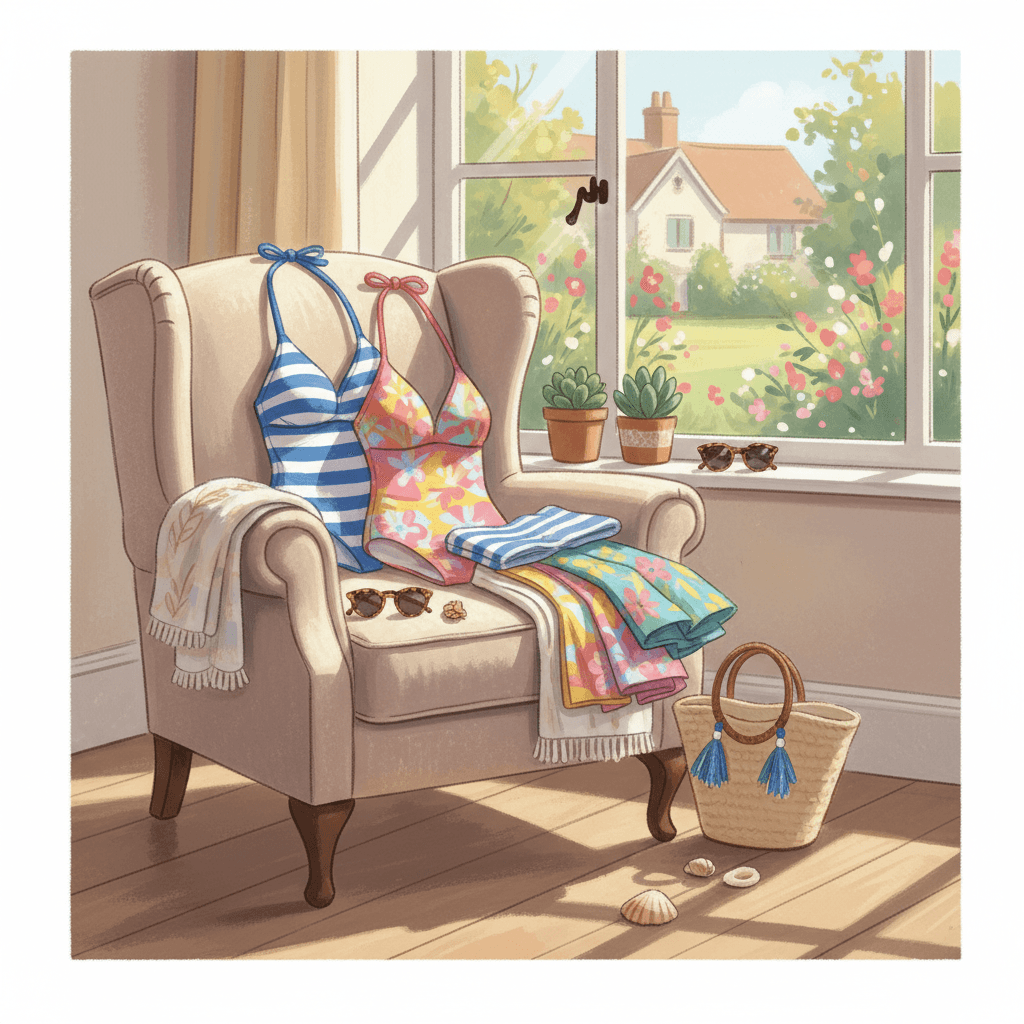 Warm editorial illustration of a cheerful seaside packing scene with colourful unbranded swimwear, sunglasses and a folded towel on a sunny bedroom chair