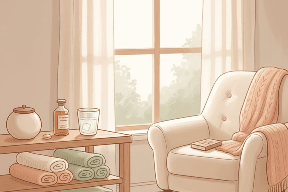 Warm editorial illustration of a calm bathroom shelf and cosy bedroom chair with unbranded wellness items, soft towels and gentle morning light