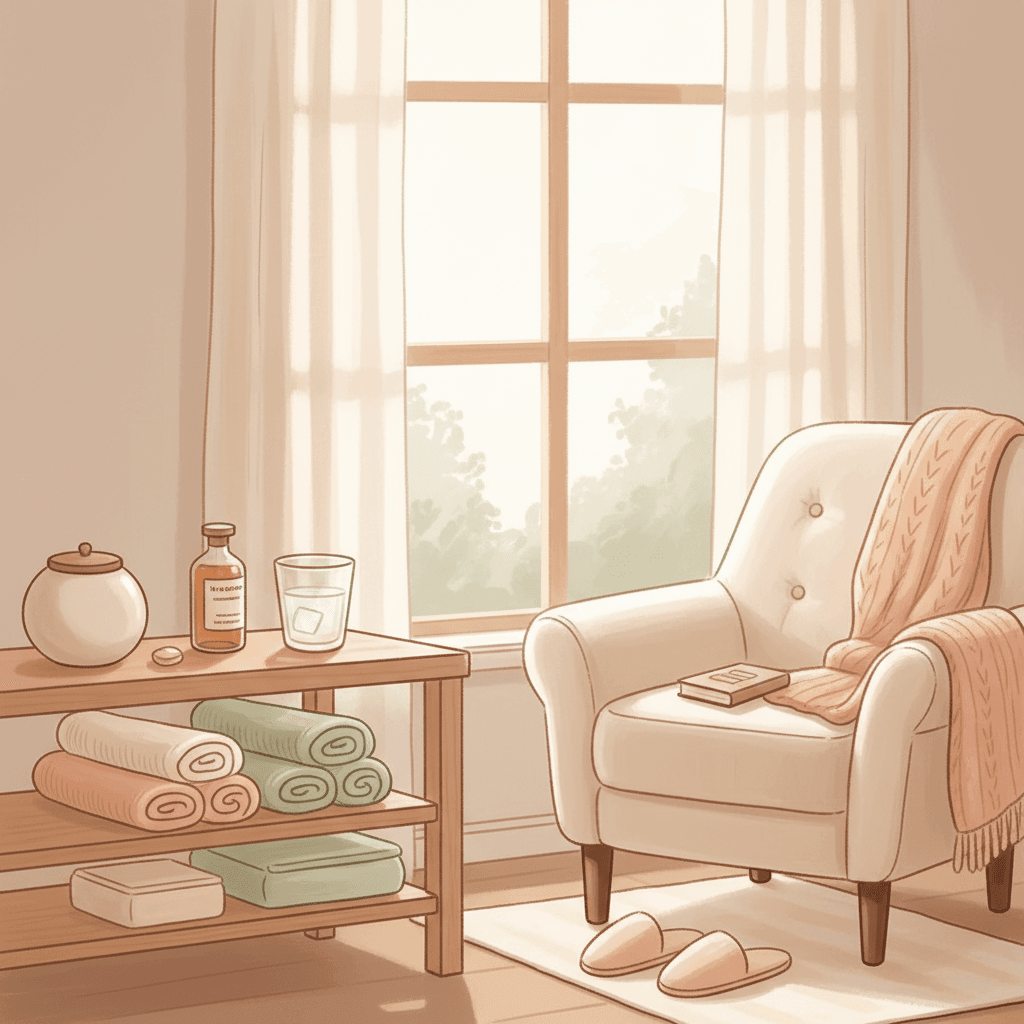 Warm editorial illustration of a calm bathroom shelf and cosy bedroom chair with unbranded wellness items, soft towels and gentle morning light