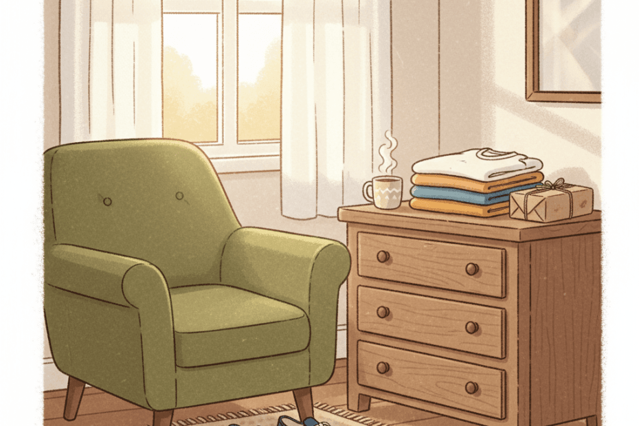 Warm whimsical illustration of a tidy bedroom with neatly folded unbranded menswear, trainers and a parcel on a chair, in soft morning light