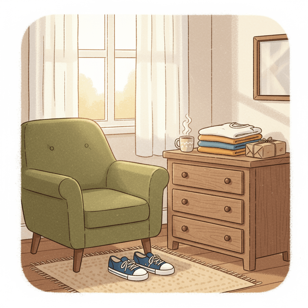 Warm whimsical illustration of a tidy bedroom with neatly folded unbranded menswear, trainers and a parcel on a chair, in soft morning light