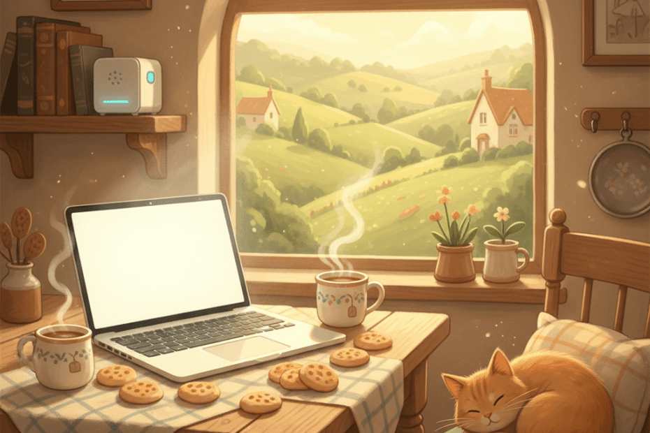 Warm whimsical illustration of a cosy rural kitchen desk with a laptop, mug and countryside view, suggesting home internet without logos or readable text