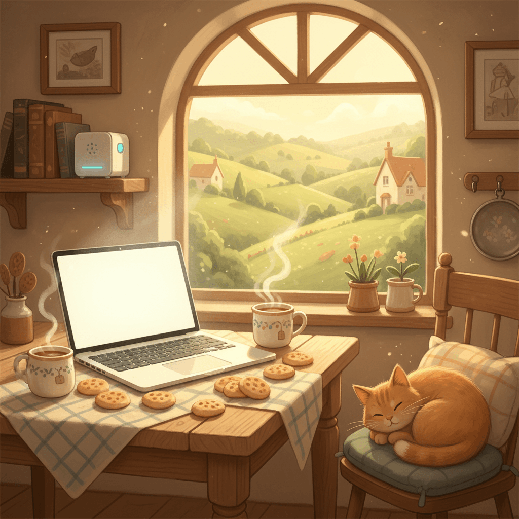 Warm whimsical illustration of a cosy rural kitchen desk with a laptop, mug and countryside view, suggesting home internet without logos or readable text
