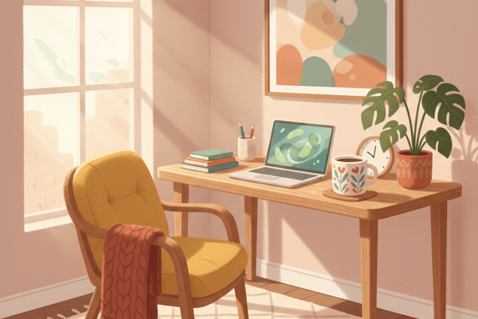 Warm whimsical illustration of a cosy home office corner with an ergonomic chair, adjustable desk and soft morning light, with no logos or readable text