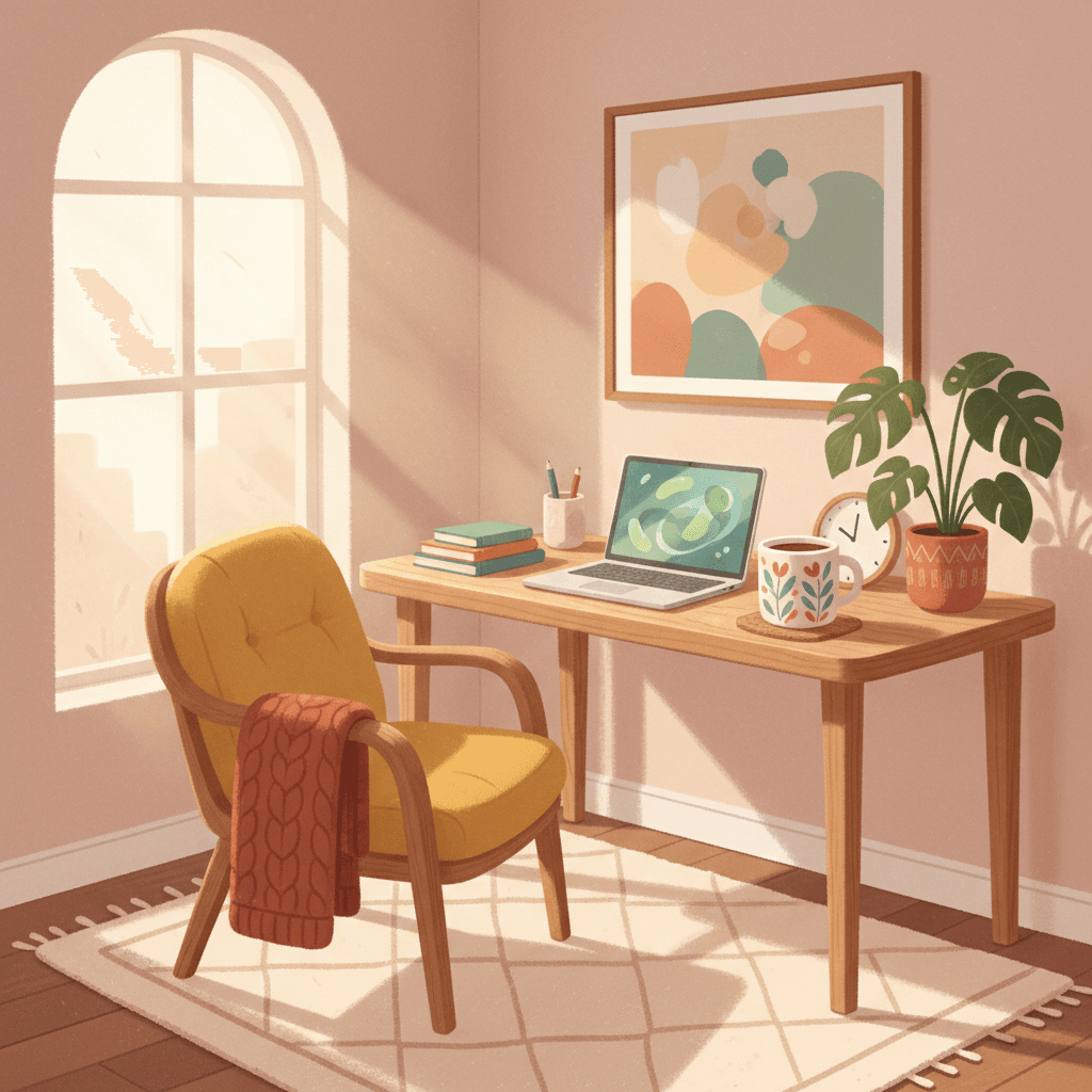Warm whimsical illustration of a cosy home office corner with an ergonomic chair, adjustable desk and soft morning light, with no logos or readable text