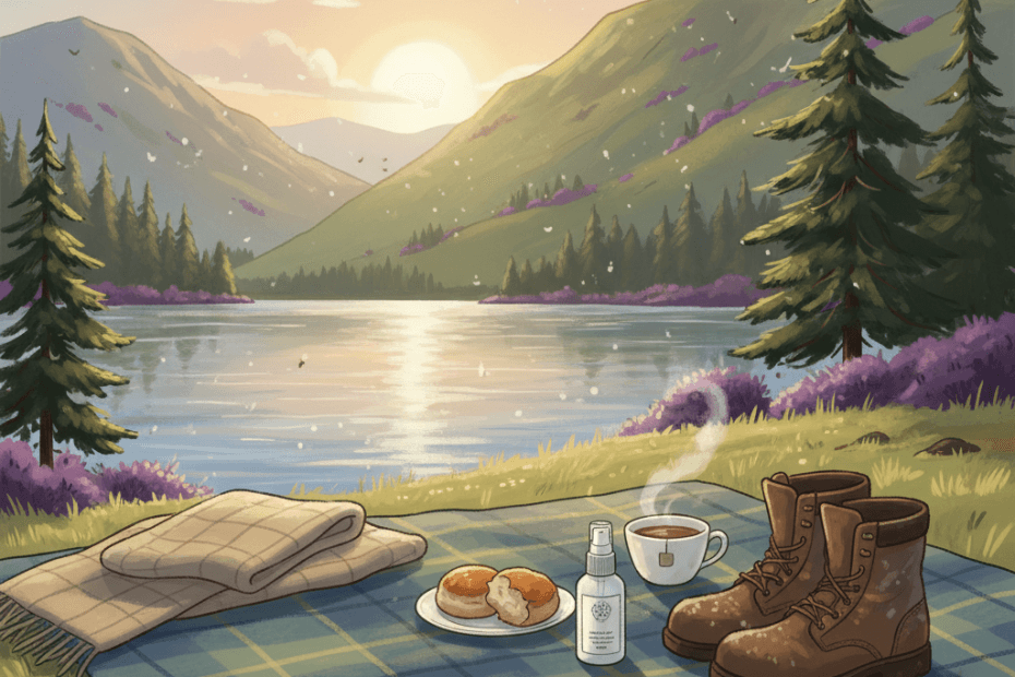 Warm whimsical illustration of a peaceful Scottish lakeside picnic with soft hills, wild grasses and tiny implied insects kept at bay, with no logos or readable text