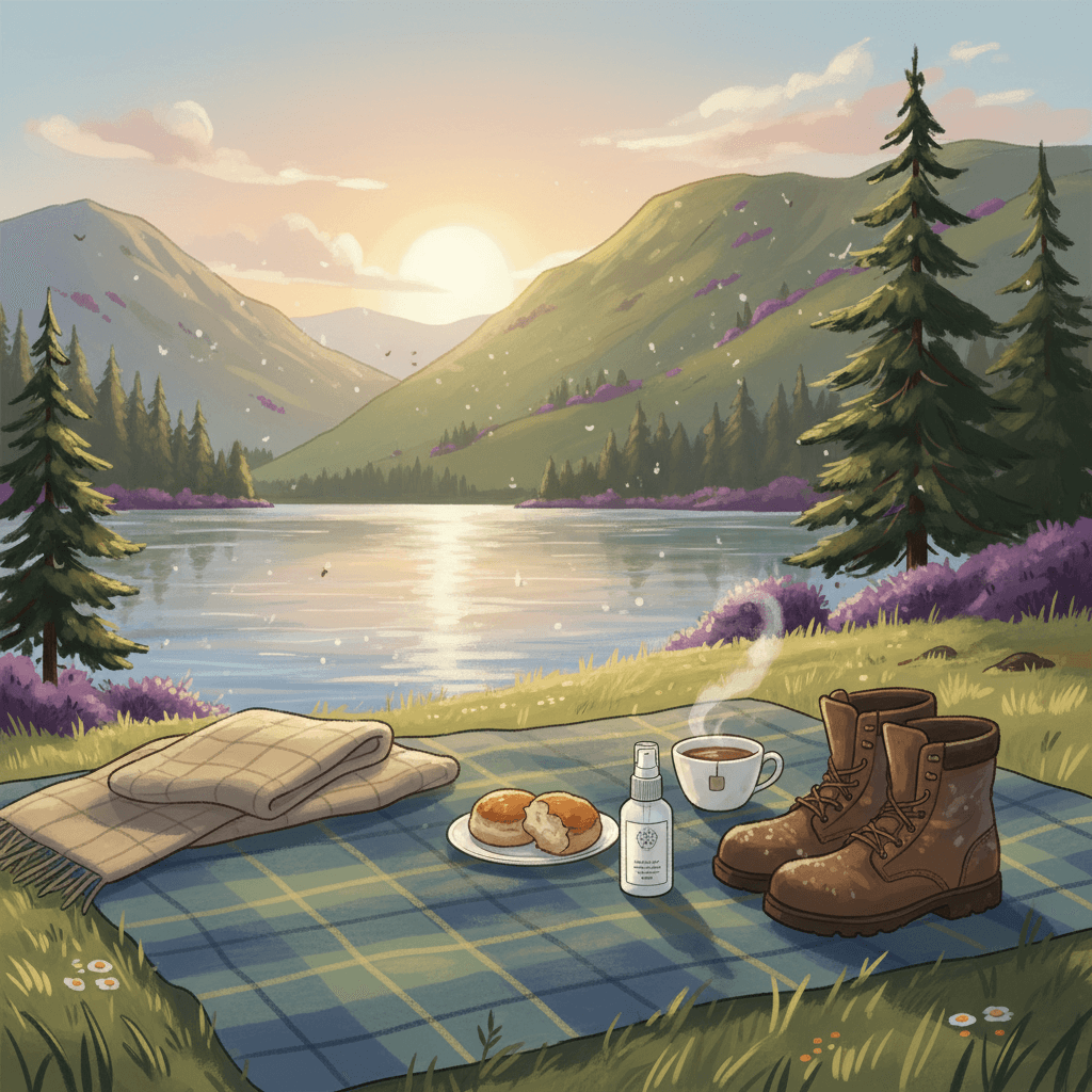 Warm whimsical illustration of a peaceful Scottish lakeside picnic with soft hills, wild grasses and tiny implied insects kept at bay, with no logos or readable text
