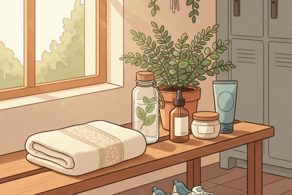 Warm whimsical illustration of a tidy gym bench with a towel, trainers and simple unbranded skincare bottles in soft morning light, with no logos or readable text