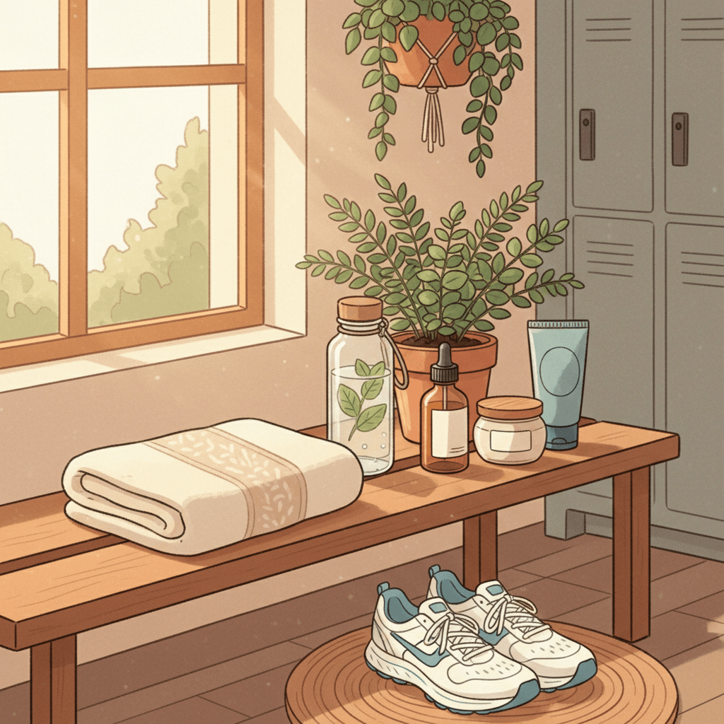 Warm whimsical illustration of a tidy gym bench with a towel, trainers and simple unbranded skincare bottles in soft morning light, with no logos or readable text