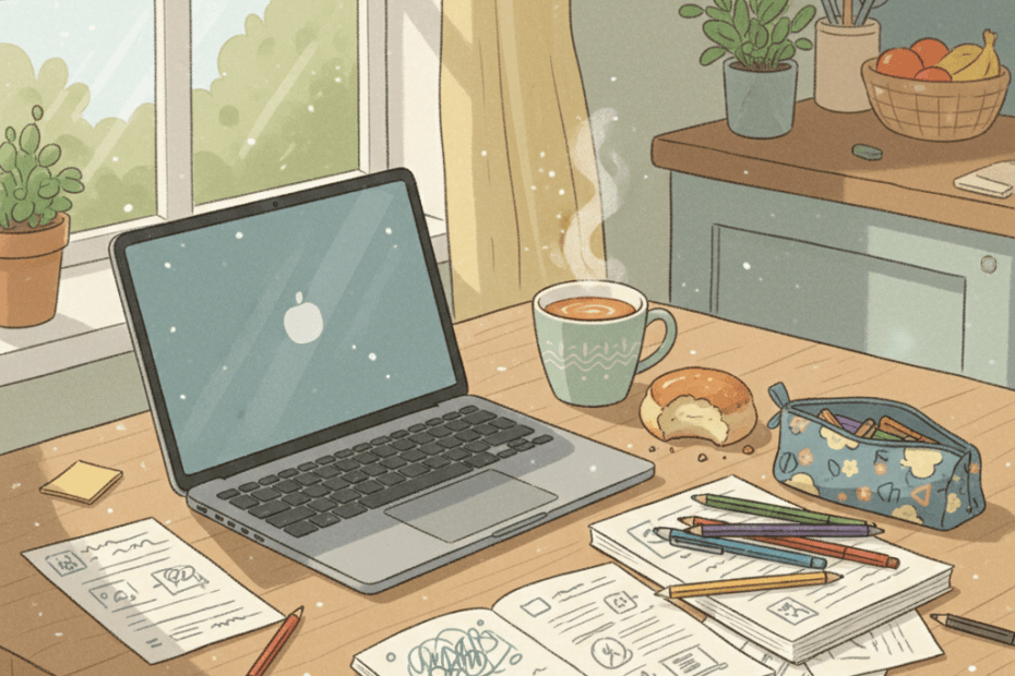 Warm editorial illustration of a compact laptop on a family kitchen table with school notes, tea and soft morning light