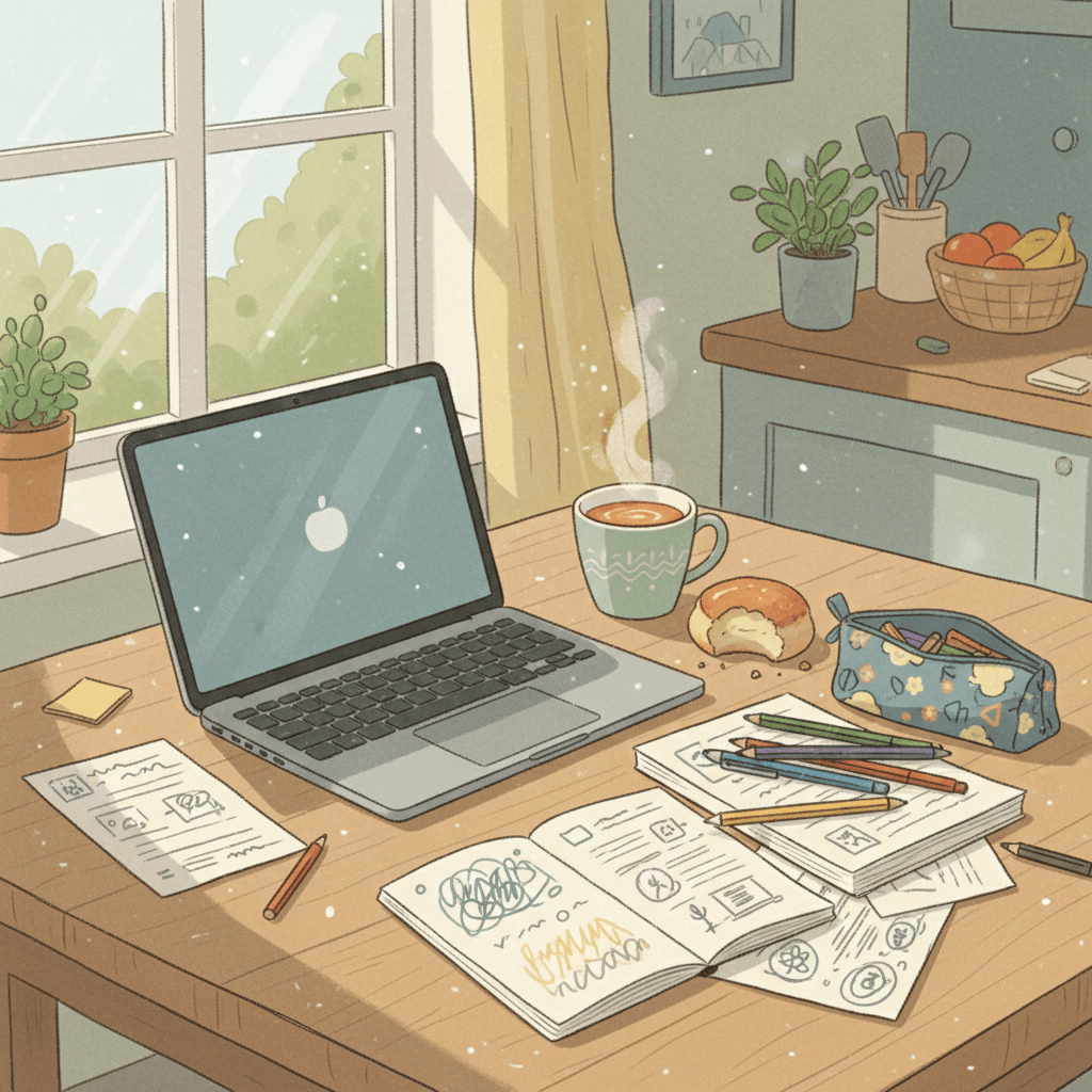 Warm editorial illustration of a compact laptop on a family kitchen table with school notes, tea and soft morning light