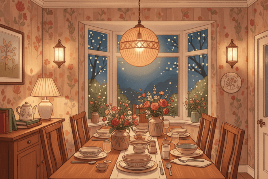 Warm whimsical illustration of a cosy dining room with layered pendant, wall and table lighting glowing softly