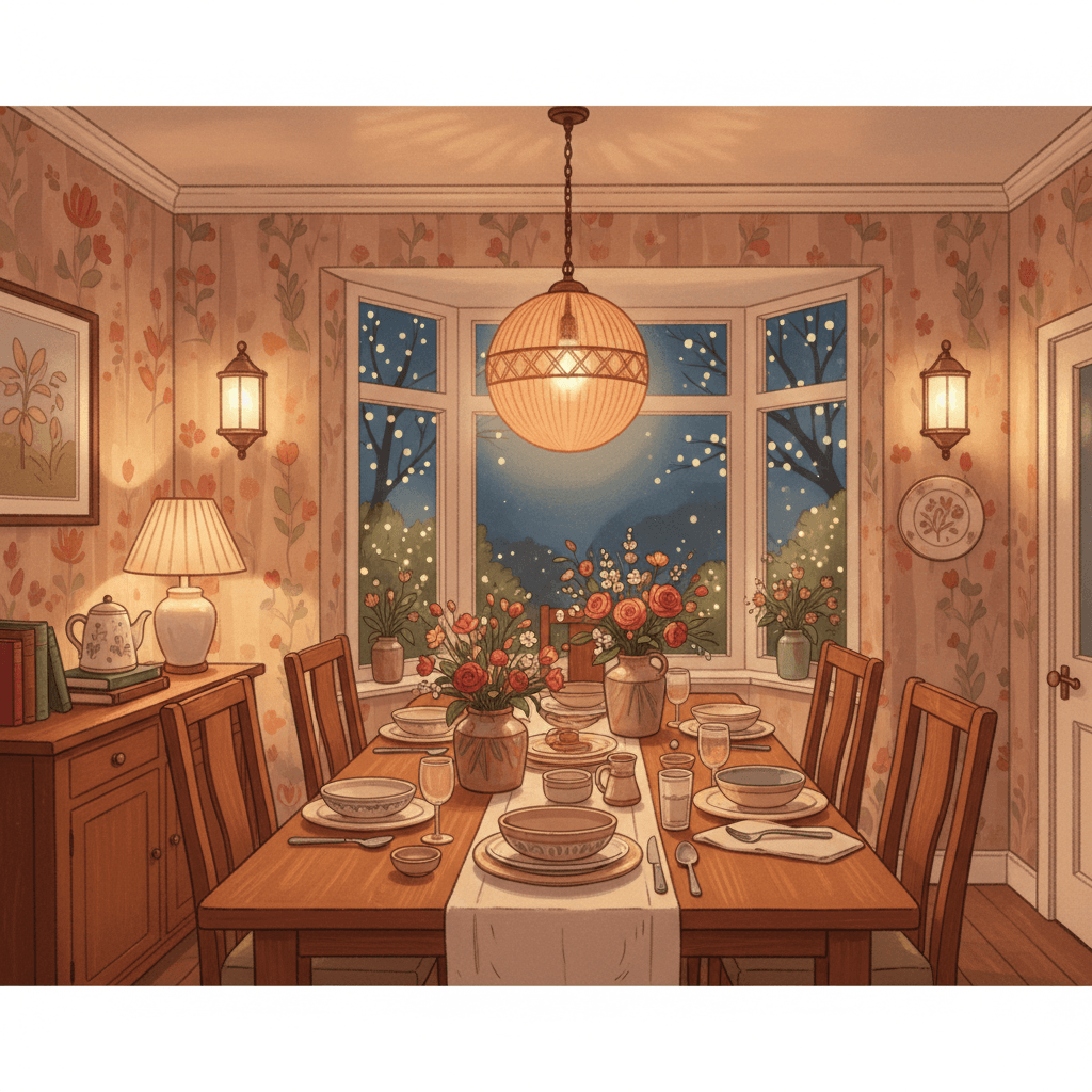 Warm whimsical illustration of a cosy dining room with layered pendant, wall and table lighting glowing softly