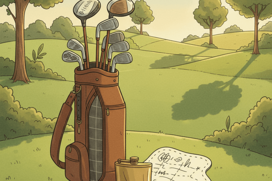 Warm whimsical illustration of golf clubs, a scorecard and a flask beside a sunny UK fairway, with no logos or readable text