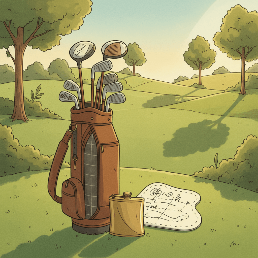 Warm whimsical illustration of golf clubs, a scorecard and a flask beside a sunny UK fairway, with no logos or readable text