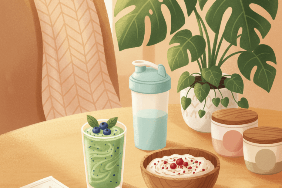 Warm whimsical illustration of a bright breakfast table with a smoothie glass, berries, oats, leafy plants and simple unbranded supplement sachets, with no logos or readable text