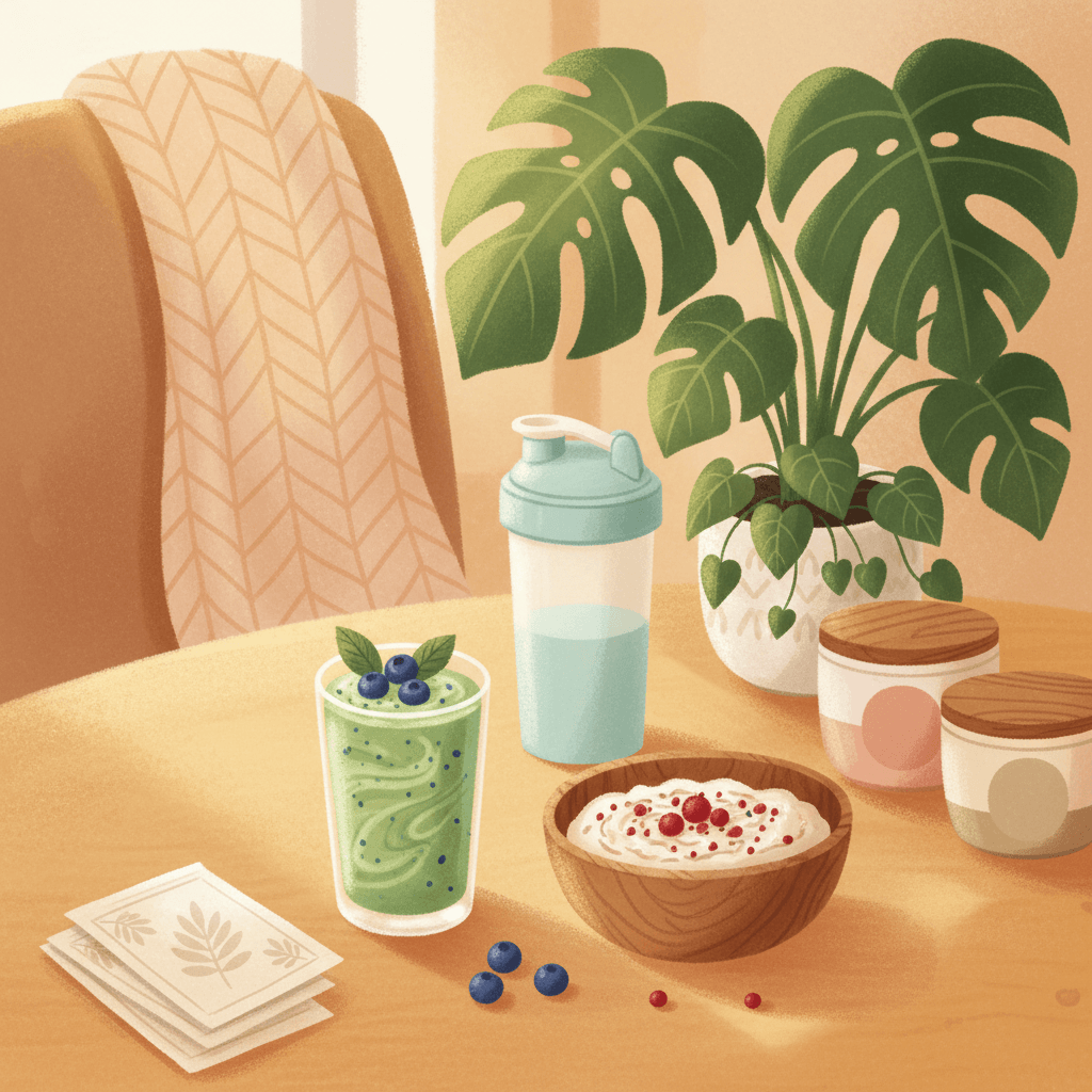 Warm whimsical illustration of a bright breakfast table with a smoothie glass, berries, oats, leafy plants and simple unbranded supplement sachets, with no logos or readable text