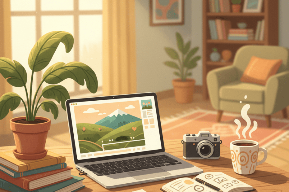 Warm whimsical illustration of a cosy desk with a laptop showing an unbranded landscape photo edit, a camera, plants and soft golden light, with no logos or readable text