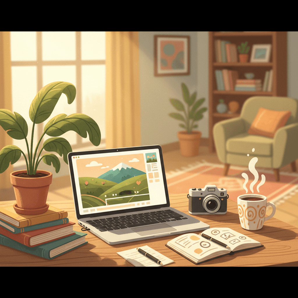 Warm whimsical illustration of a cosy desk with a laptop showing an unbranded landscape photo edit, a camera, plants and soft golden light, with no logos or readable text