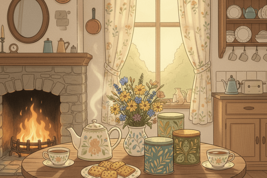 Warm whimsical illustration of a cosy kitchen table with a teapot, patterned unbranded tea tins, cups and biscuits in soft afternoon light, with no logos or readable text
