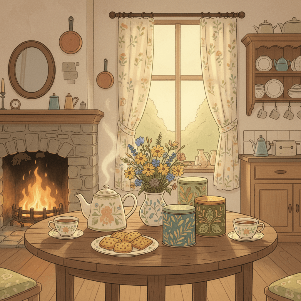Warm whimsical illustration of a cosy kitchen table with a teapot, patterned unbranded tea tins, cups and biscuits in soft afternoon light, with no logos or readable text