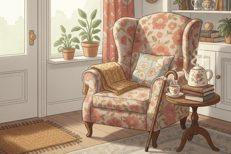 Warm whimsical illustration of a calm living room with a comfortable armchair, walking stick, folded blanket and gentle accessibility cues, with no logos or readable text