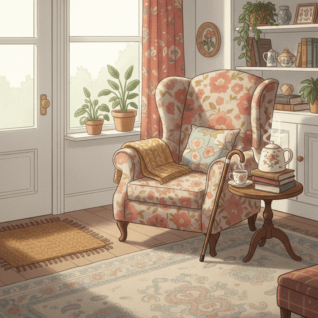 Warm whimsical illustration of a calm living room with a comfortable armchair, walking stick, folded blanket and gentle accessibility cues, with no logos or readable text