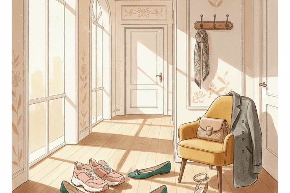 Warm whimsical illustration of a hallway with stylish unbranded women’s shoes by a chair and soft morning light, no logos and no readable text