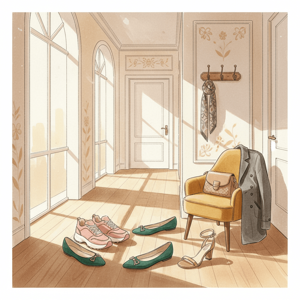 Warm whimsical illustration of a hallway with stylish unbranded women’s shoes by a chair and soft morning light, no logos and no readable text
