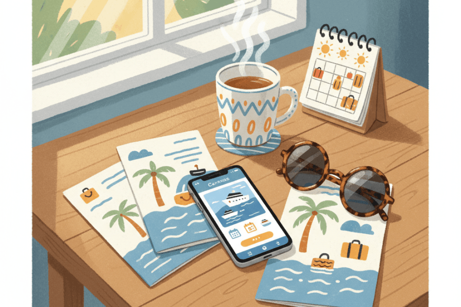 Warm whimsical illustration of a tidy kitchen table with a phone showing a generic cruise-planning app, cruise brochures and a mug, no logos and no readable text