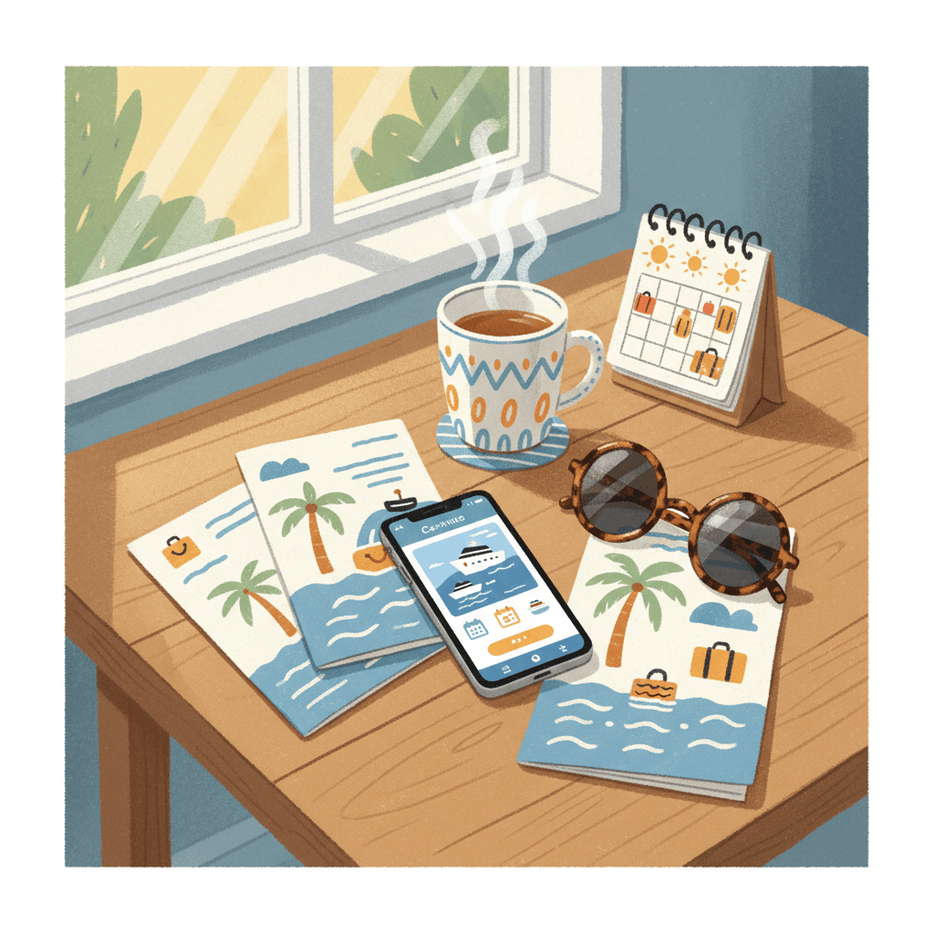 Warm whimsical illustration of a tidy kitchen table with a phone showing a generic cruise-planning app, cruise brochures and a mug, no logos and no readable text