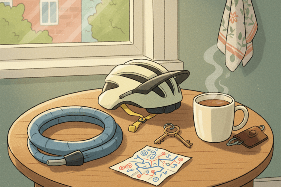Warm whimsical illustration of a cyclist at a kitchen table planning a ride with a sturdy generic bike lock, helmet and mug, no logos and no readable text