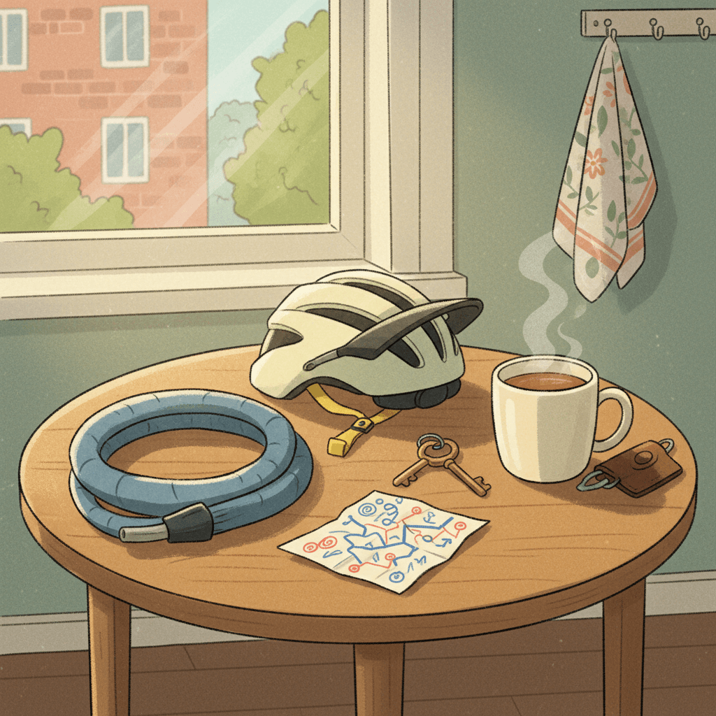 Warm whimsical illustration of a cyclist at a kitchen table planning a ride with a sturdy generic bike lock, helmet and mug, no logos and no readable text