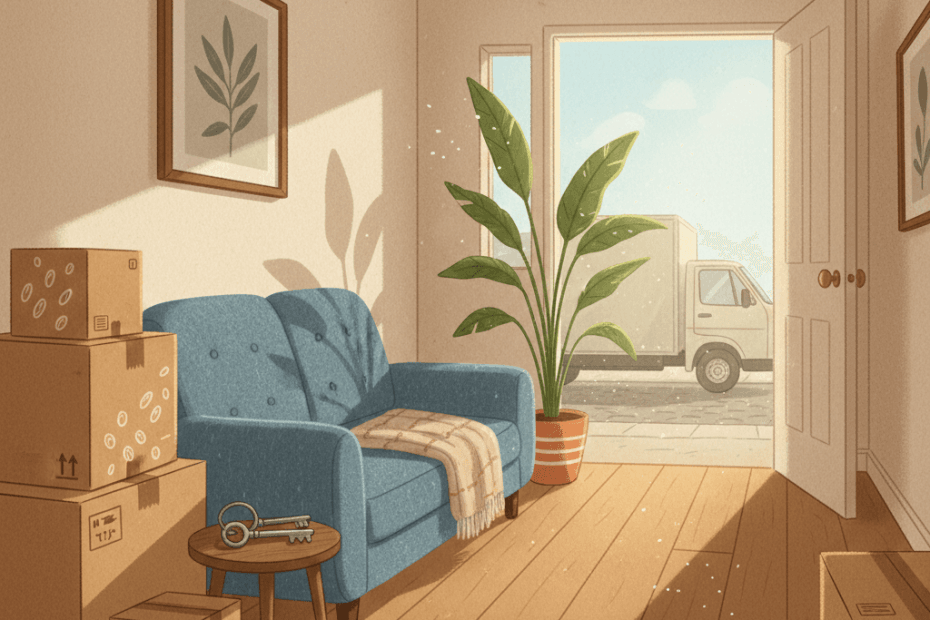 Warm whimsical illustration of a tidy hallway with moving boxes, a small sofa and van keys on a table, no logos and no readable text