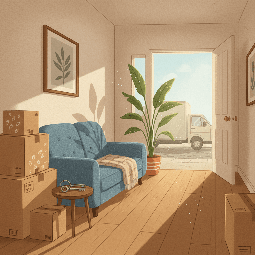 Warm whimsical illustration of a tidy hallway with moving boxes, a small sofa and van keys on a table, no logos and no readable text