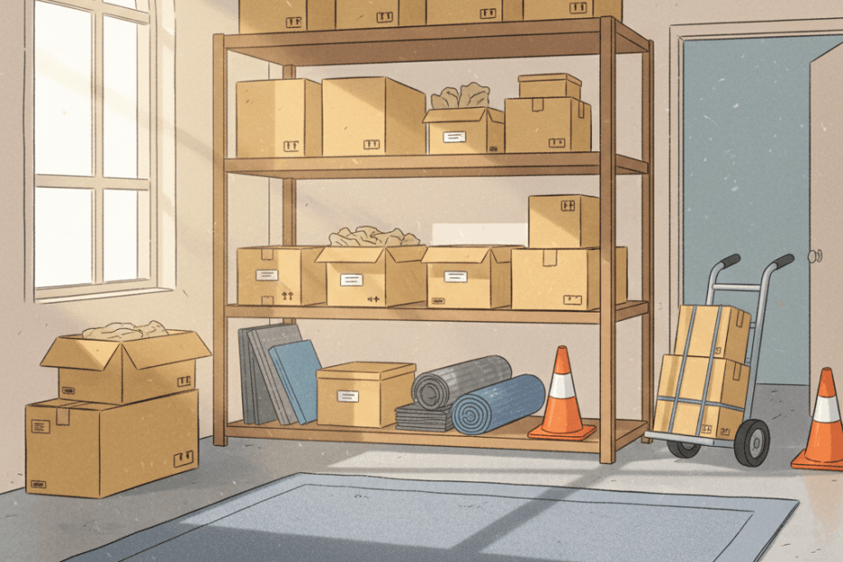 Warm whimsical illustration of a tidy workplace storeroom with shelves, safety cones, a sack truck and packing boxes, no logos and no readable text