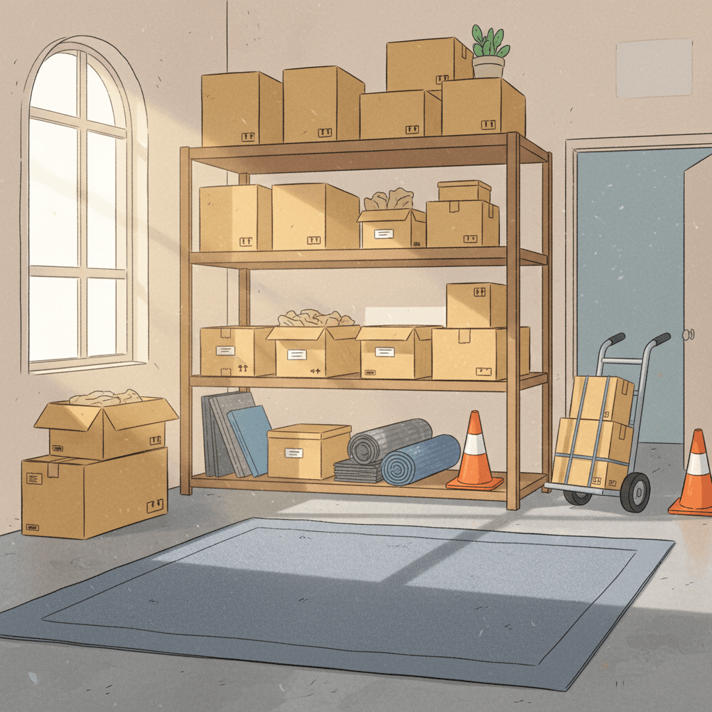 Warm whimsical illustration of a tidy workplace storeroom with shelves, safety cones, a sack truck and packing boxes, no logos and no readable text