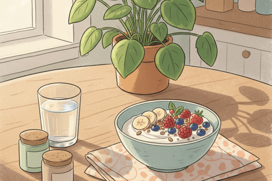 Warm whimsical illustration of a calm kitchen breakfast scene with supplement pots, yoghurt, fruit and gentle wellness cues, with no logos or readable labels