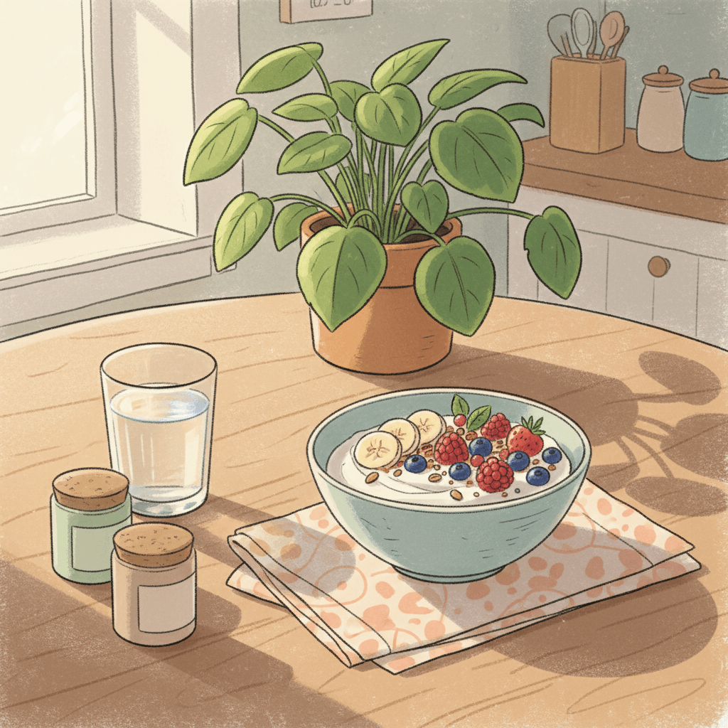 Warm whimsical illustration of a calm kitchen breakfast scene with supplement pots, yoghurt, fruit and gentle wellness cues, with no logos or readable labels