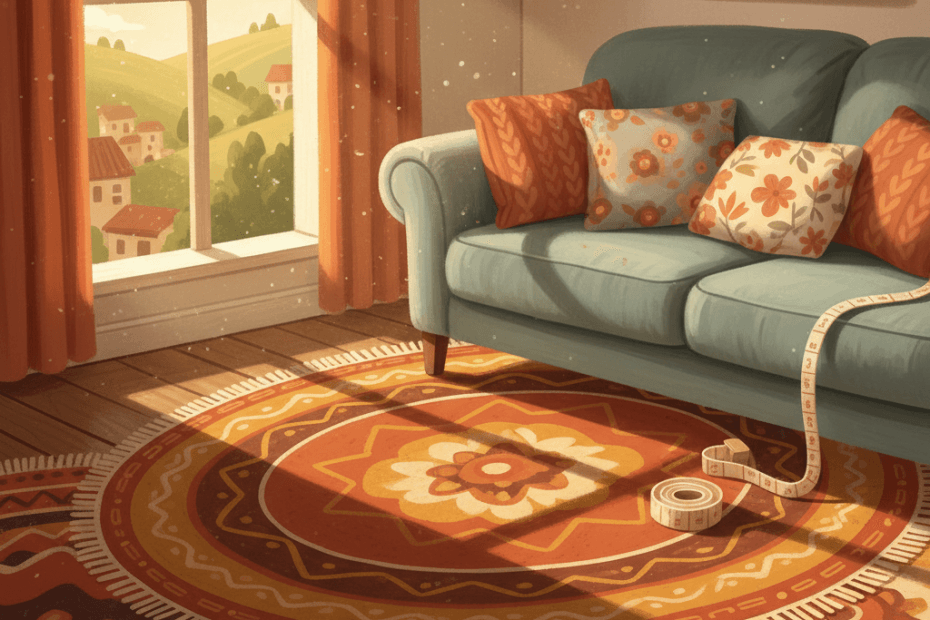 Warm whimsical illustration of a cosy living room with layered rugs, cushions and daylight, no logos and no readable text
