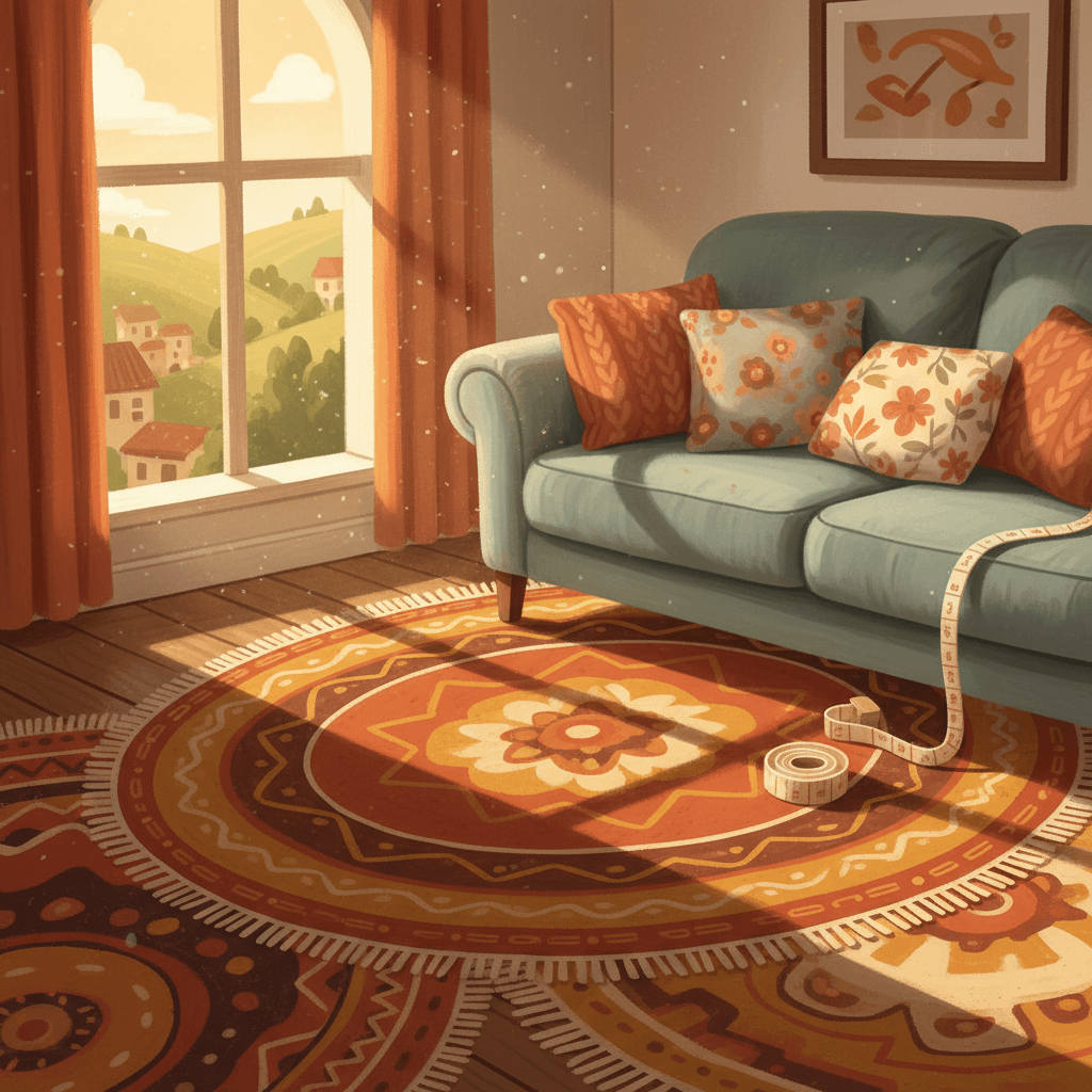 Warm whimsical illustration of a cosy living room with layered rugs, cushions and daylight, no logos and no readable text
