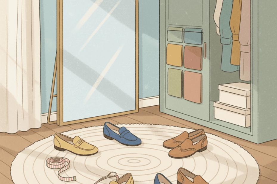 Warm whimsical illustration of a calm dressing area with stylish unbranded shoes, a measuring tape and soft wardrobe colours, no logos and no readable text