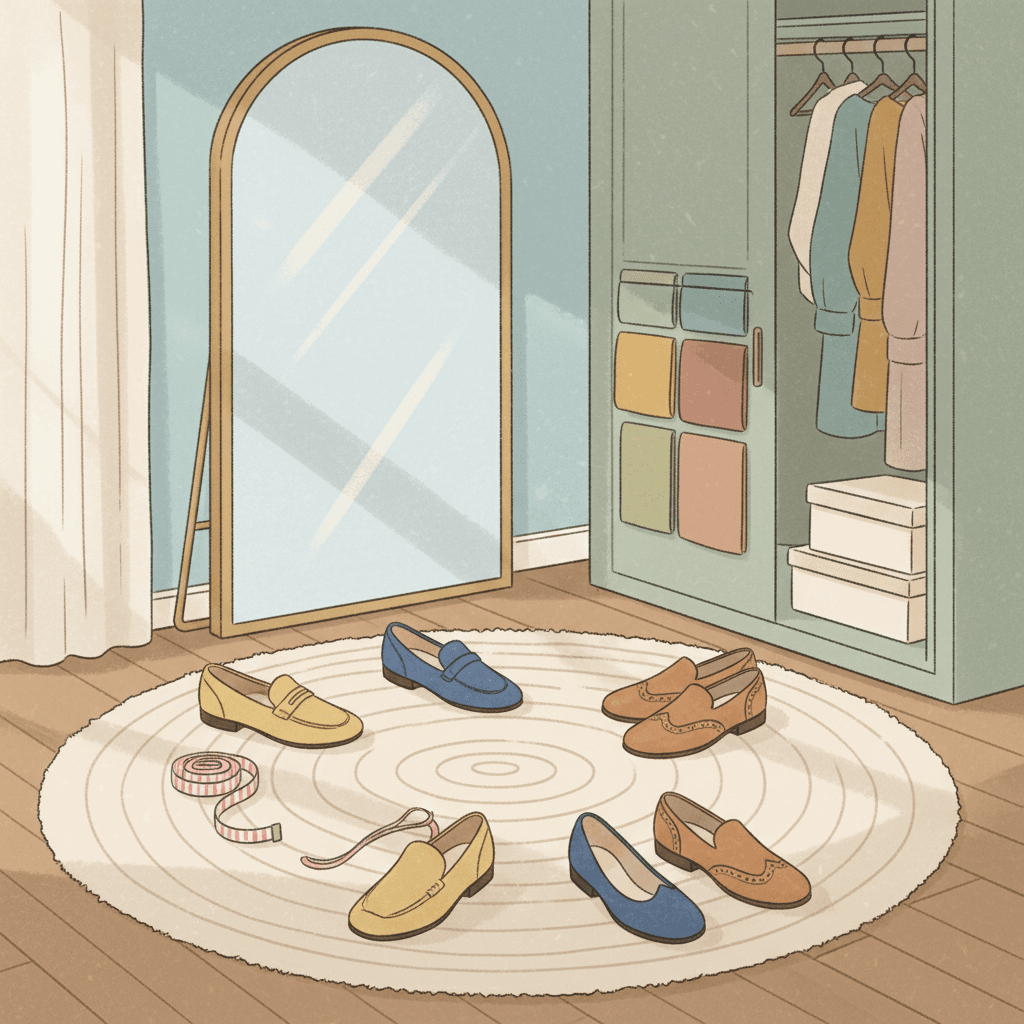 Warm whimsical illustration of a calm dressing area with stylish unbranded shoes, a measuring tape and soft wardrobe colours, no logos and no readable text