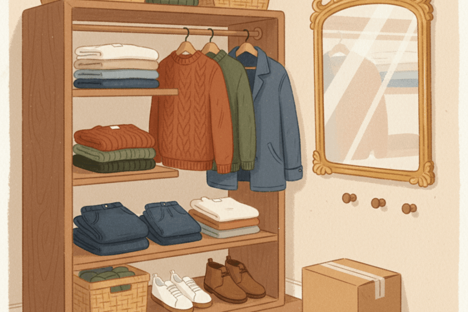 Warm whimsical illustration of a tidy men's wardrobe with shirts, folded knitwear, trainers and a parcel, no logos and no readable text