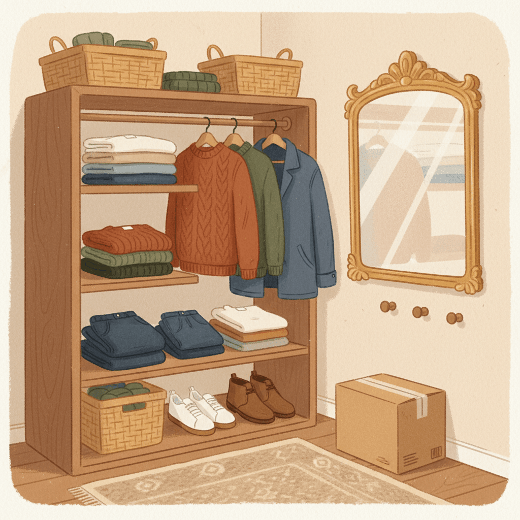 Warm whimsical illustration of a tidy men's wardrobe with shirts, folded knitwear, trainers and a parcel, no logos and no readable text