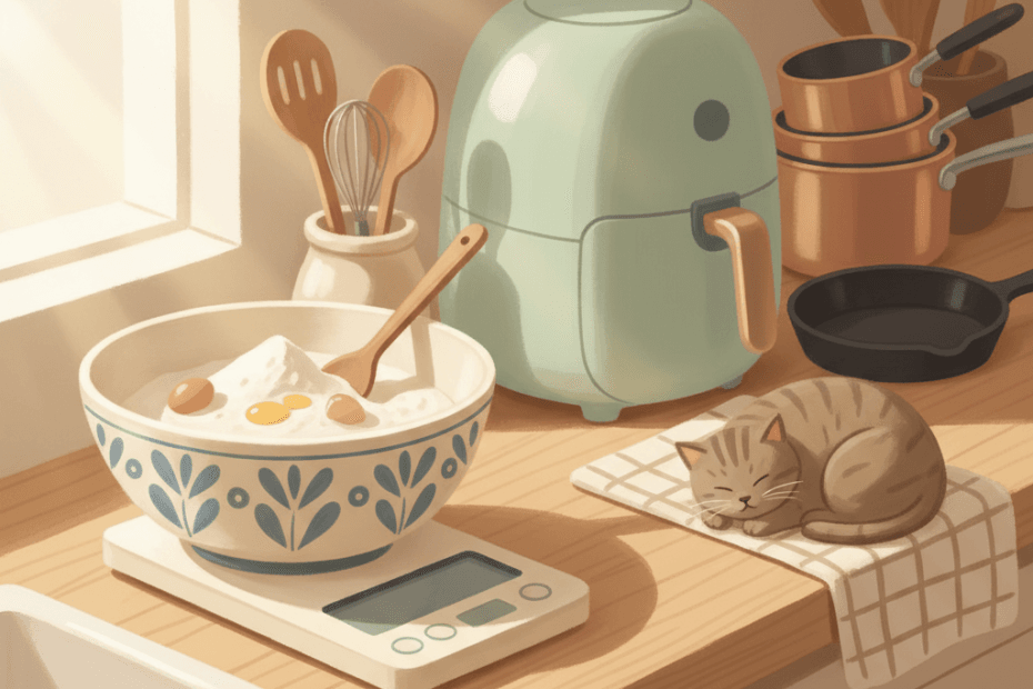 Warm whimsical illustration of a tidy kitchen counter with unbranded scales, mixing bowl, air fryer shape and cooking utensils, no logos and no readable text