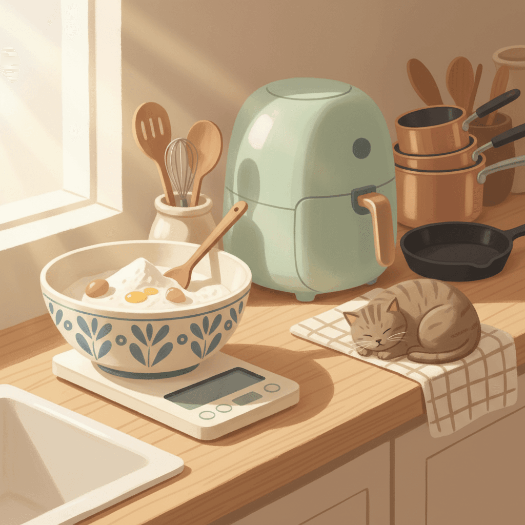 Warm whimsical illustration of a tidy kitchen counter with unbranded scales, mixing bowl, air fryer shape and cooking utensils, no logos and no readable text