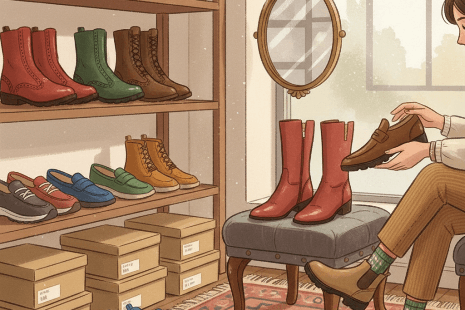 Warm whimsical illustration of a neat shoe shop corner with boots, loafers, shoe boxes and a measuring stool, no logos and no readable text