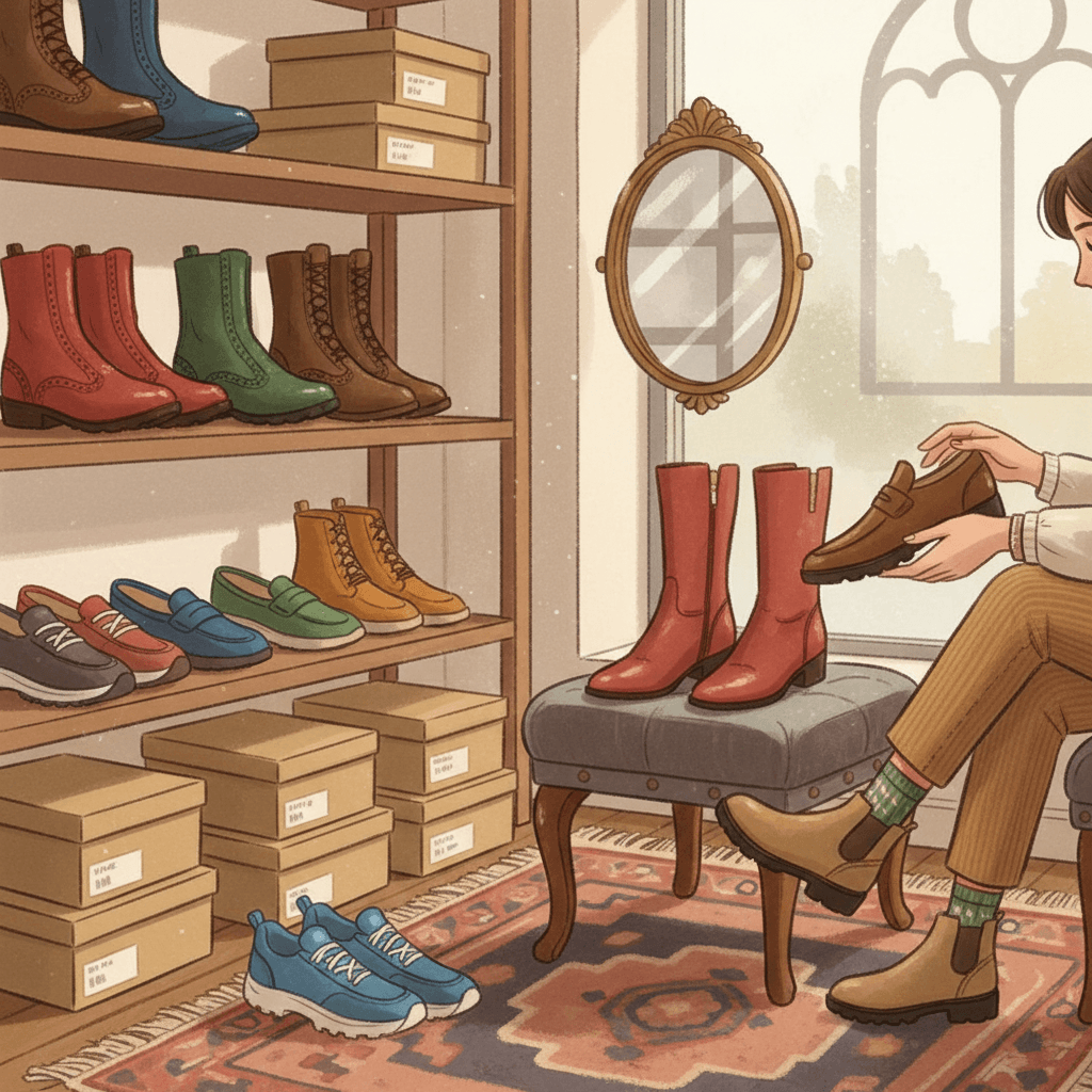 Warm whimsical illustration of a neat shoe shop corner with boots, loafers, shoe boxes and a measuring stool, no logos and no readable text
