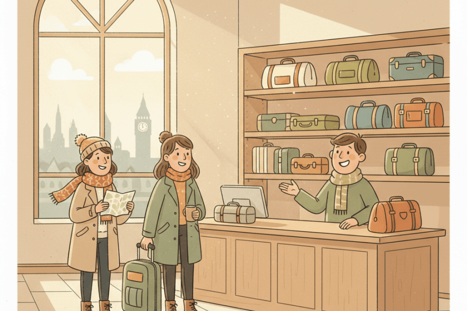 Warm whimsical illustration of travellers leaving plain suitcases at a tidy luggage storage counter, no logos and no readable text